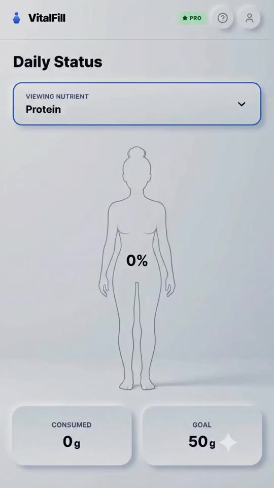 VitalFill daily status screen at the start of the day, protein at 0 of 50 grams