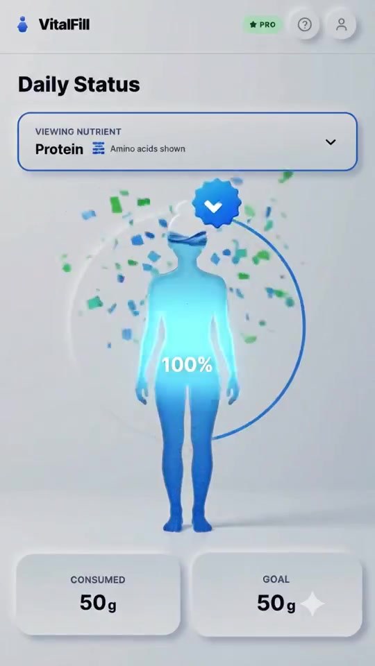 VitalFill showing protein target reached at 100 percent
